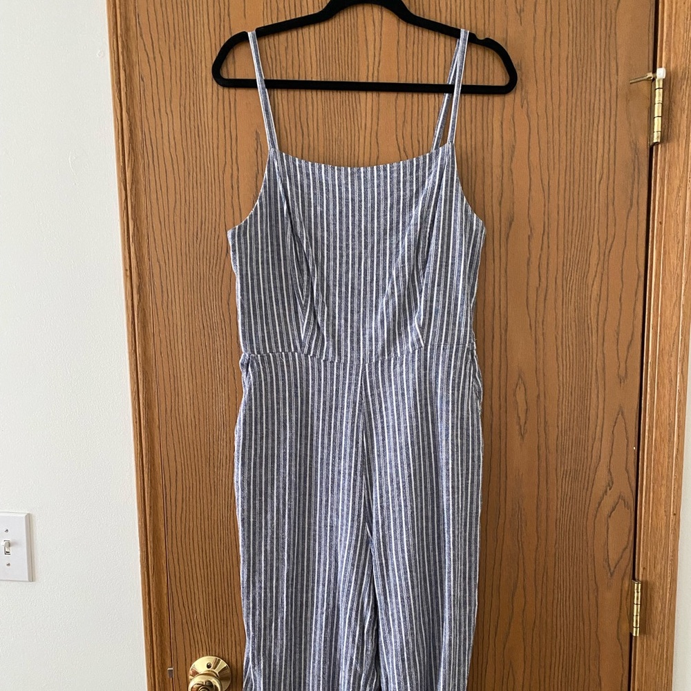 Blue and white stripped Capri Romper